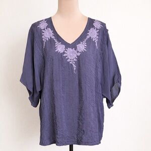 Johnny Was Indigo Purple Embroidered Blouse M Boho Silk Blend Tunic Top